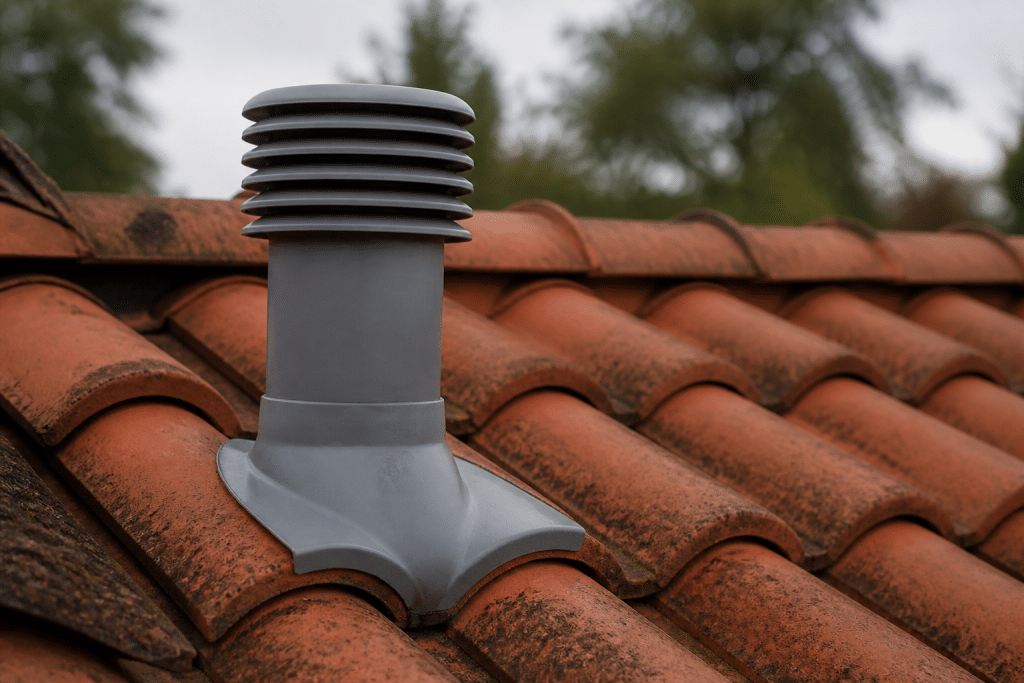 Tuyau ventilation gris traversant tuiles rouges toiture