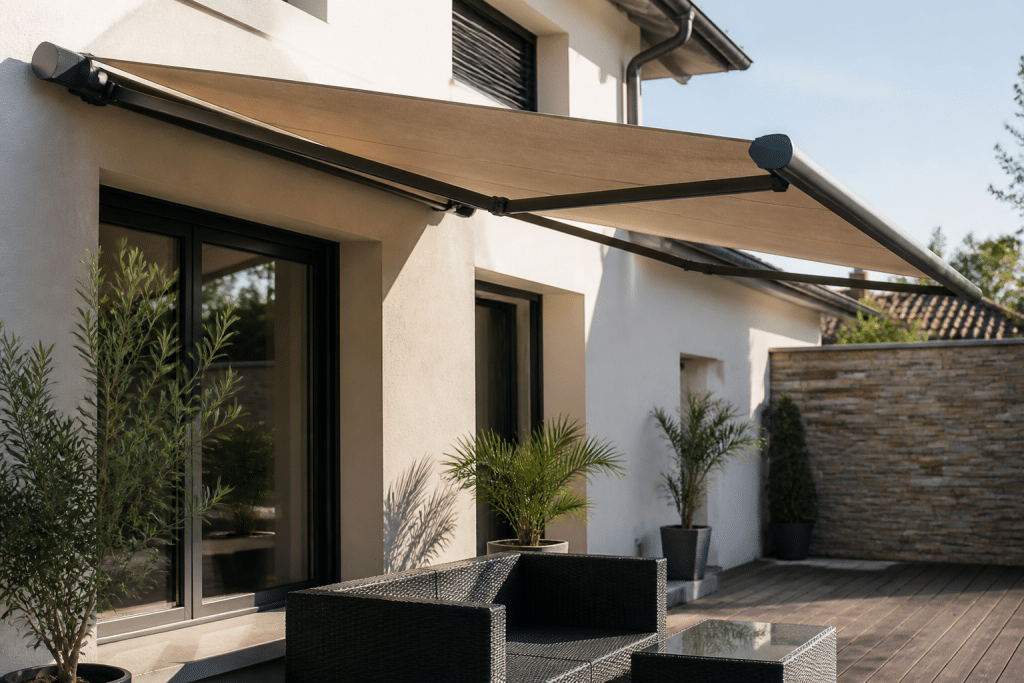 Store banne rétracté sur terrasse ensoleillée moderne