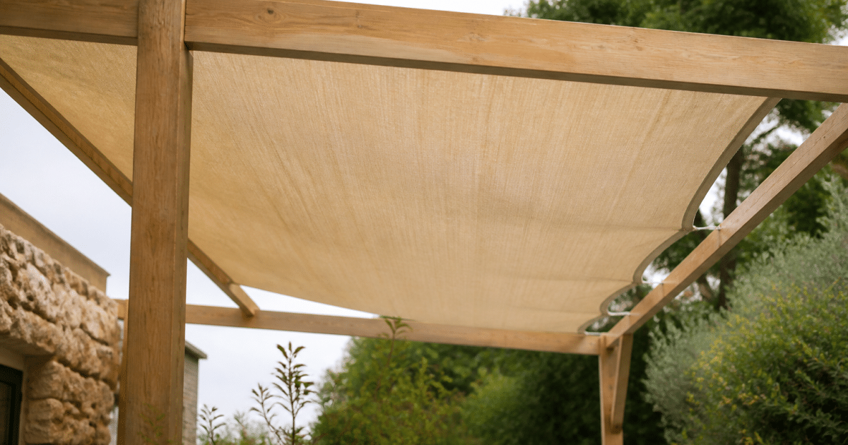 Toile beige tendue horizontalement sur structure pergola bois