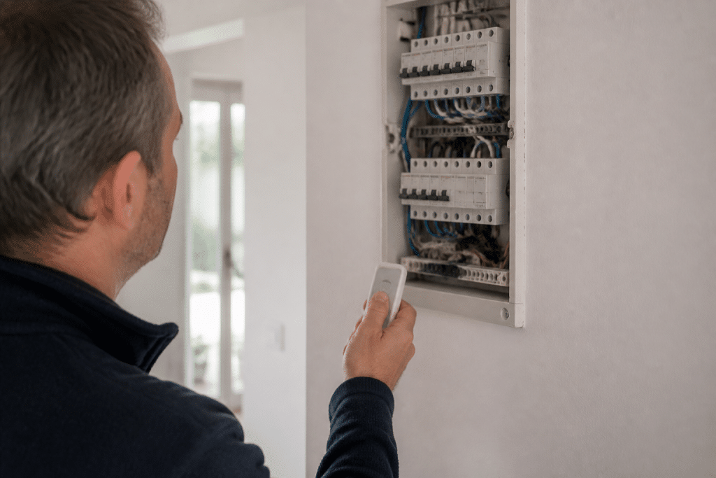 Personne testant telecommande pres disjoncteur electrique ouvert